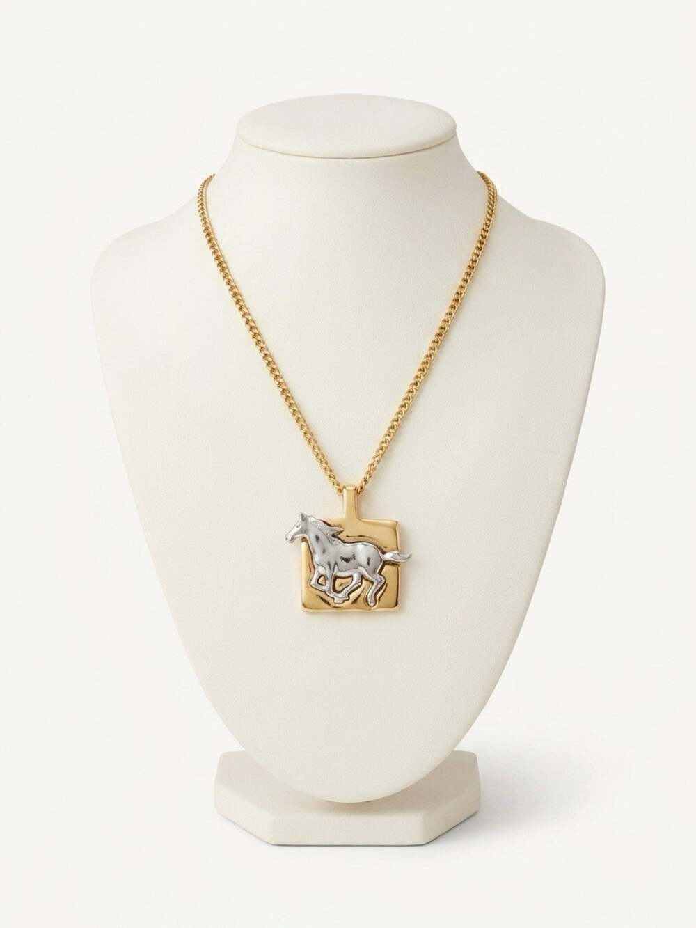 Sir Lancelot Hand Crafted Polished Necklace Horse Pendant Gold Silver tone 10”